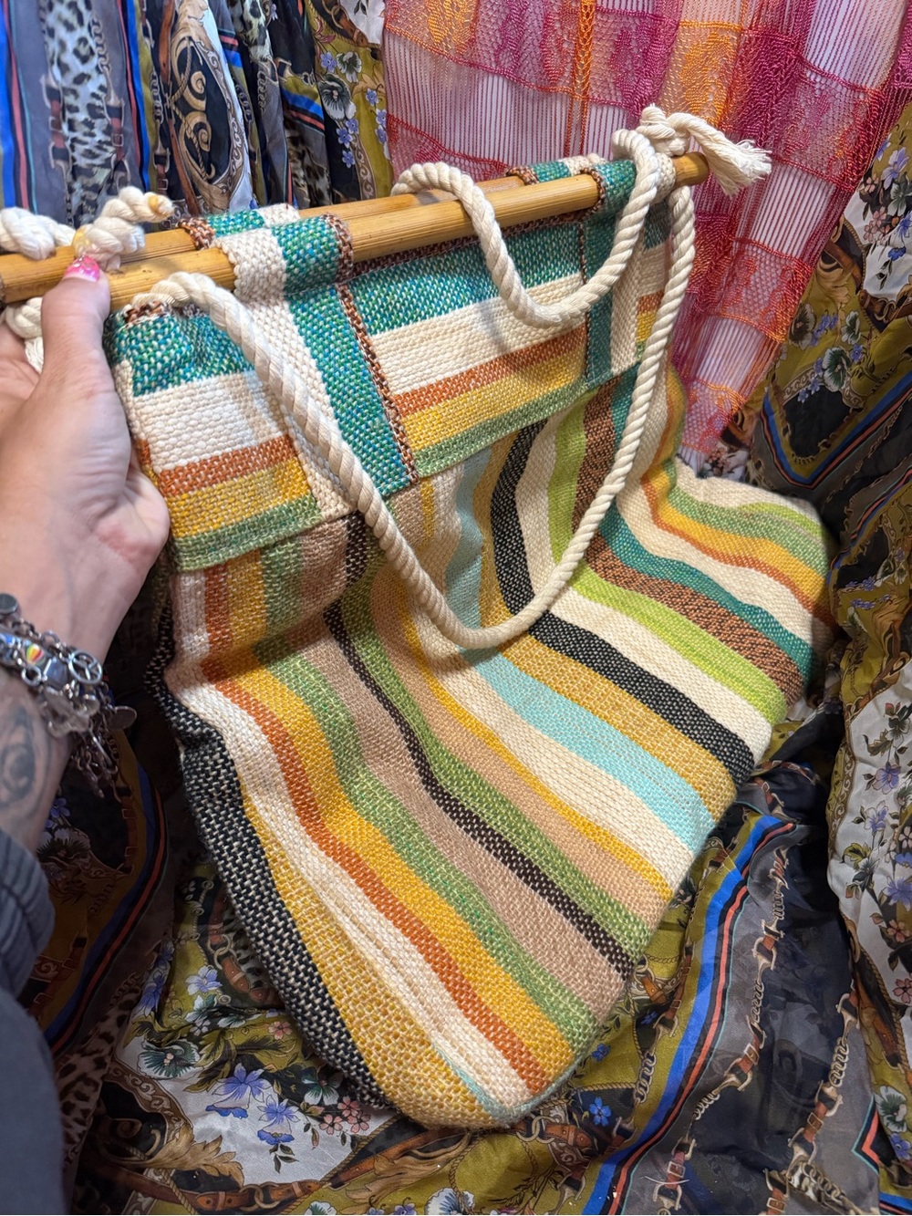 Woven Stripe Beach Tote Bag with Rope Handles - Multicolor